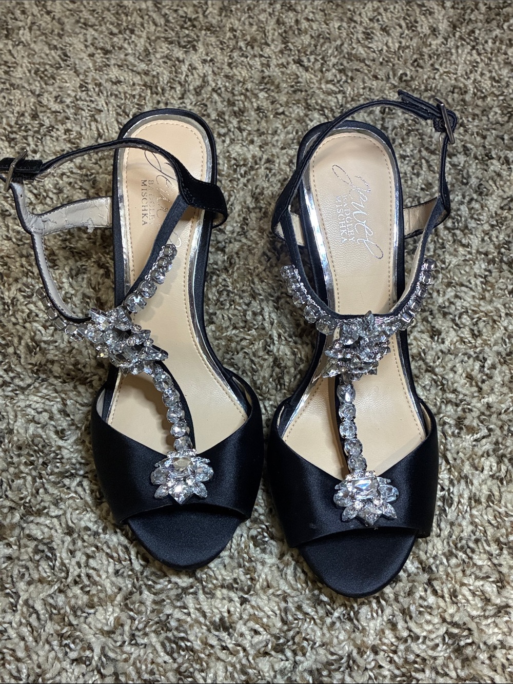 Nina Black Satin T-Strap Crystal Evening Heels